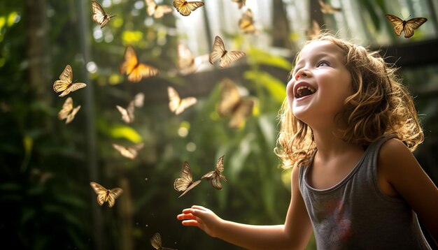 Photo children playing and chasing butterflies in a garden