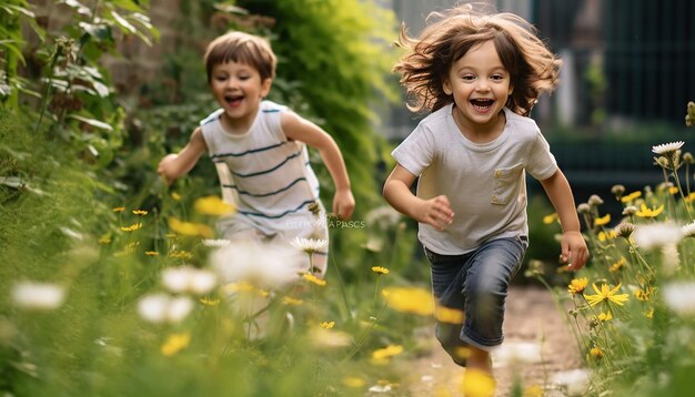 children playing and chasing butterflies in a garden