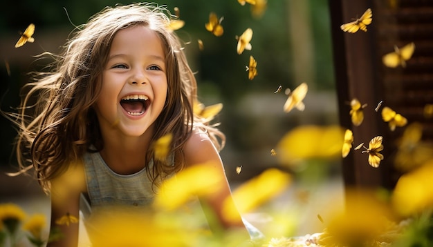 children playing and chasing butterflies in a garden