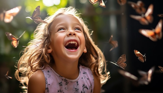 children playing and chasing butterflies in a garden