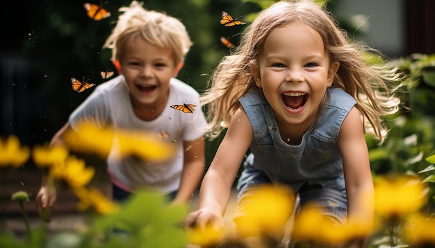 children playing and chasing butterflies in a garden