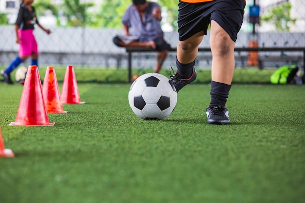 コントロールサッカーボールの戦術を遊んでいる子供たちは、背景を訓練するために芝生のフィールドでコーンサッカーで子供たちを訓練します