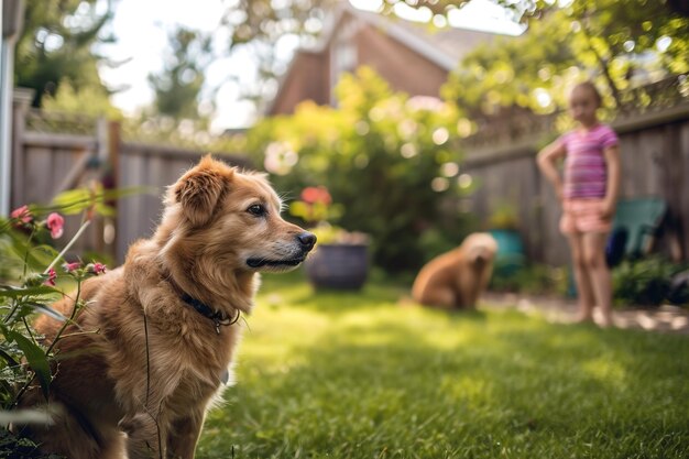 Children playing dynamically with their dog in the backyard Motion blur