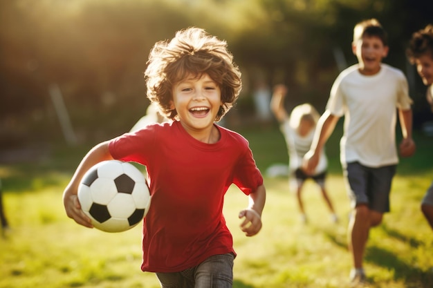 夏の日に緑の芝生で市の公園でサッカーをしている子供たち