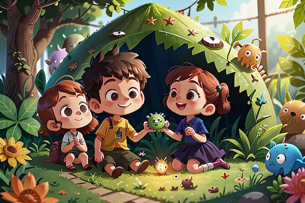 Children playing in the forest cartoon forest children paradise wallpaper background illustration