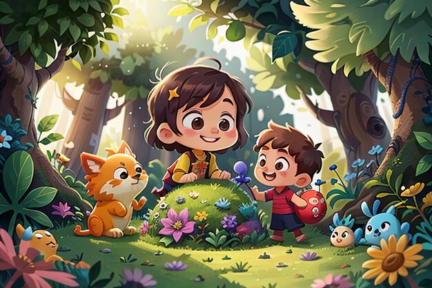 Children playing in the forest cartoon forest children paradise wallpaper background illustration