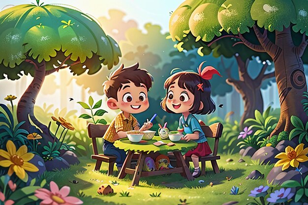 Children playing in the forest cartoon forest children paradise wallpaper background illustration