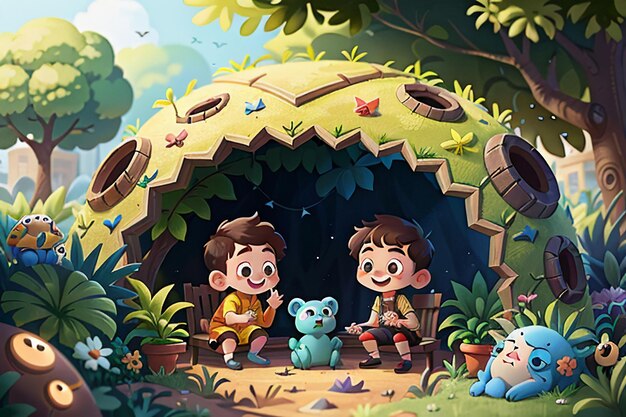 Children Playing in the Forest Cartoon Forest Children Paradise Wallpaper Background Illustration