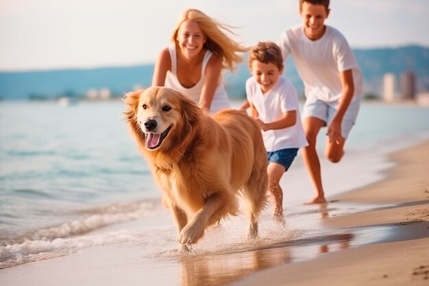 Foto bambini che giocano e si divertono con il cane in riva al mare