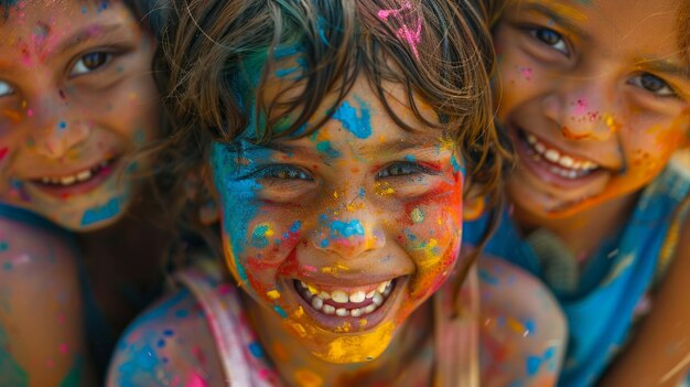 아이들이 홀리 (Holi) 를 즐겁게 즐기며 놀고 있는 모습이 화려한 색으로 여 있다.