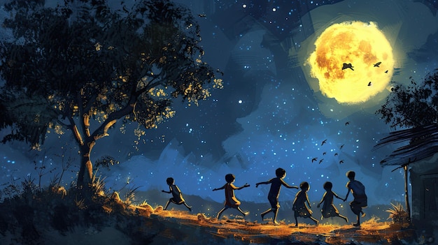 Children playing under the moonlight after breaking their fast