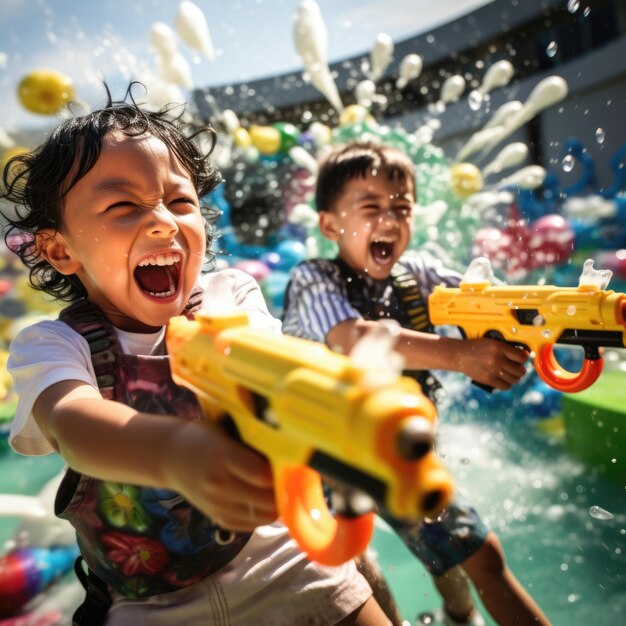 写真 美しい晴れた日に水銃で屋外で遊んでいる子供たち