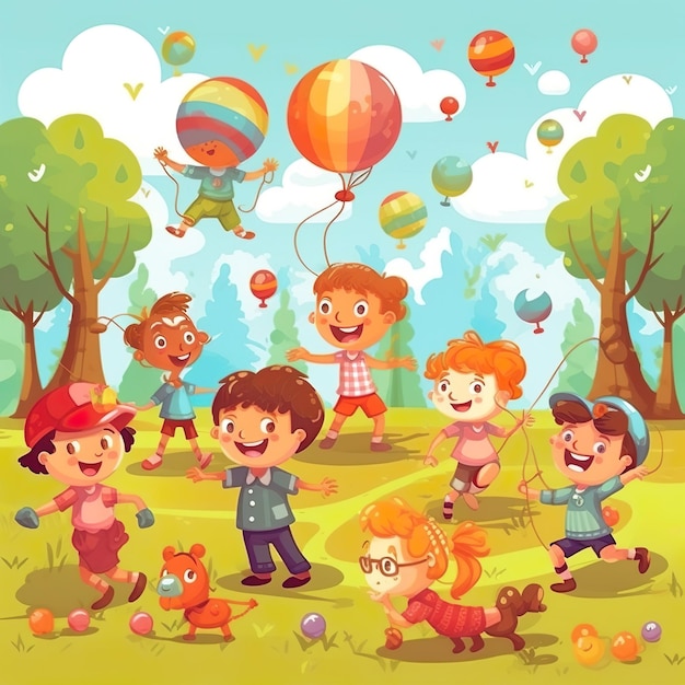 Children playing in a park vector art illustration
