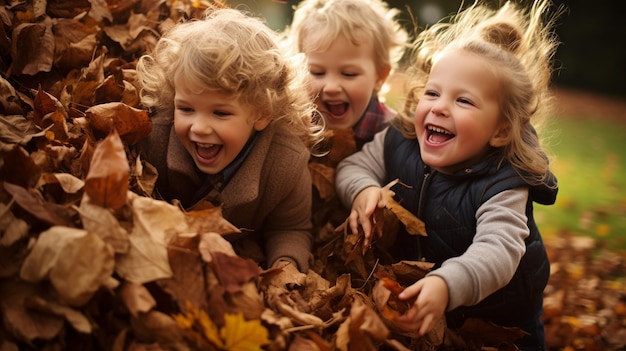 Children playing in a park with autumn leaves