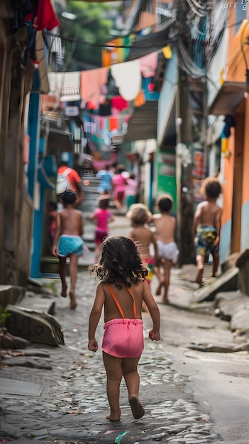 貧民窟の小道で遊んで走っている子供たち