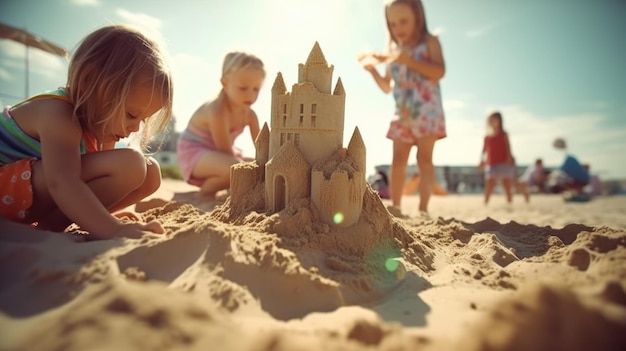 Children playing in the sand with a castle on the beach