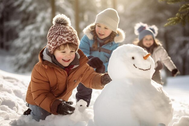 children playing in the snow with a snowman