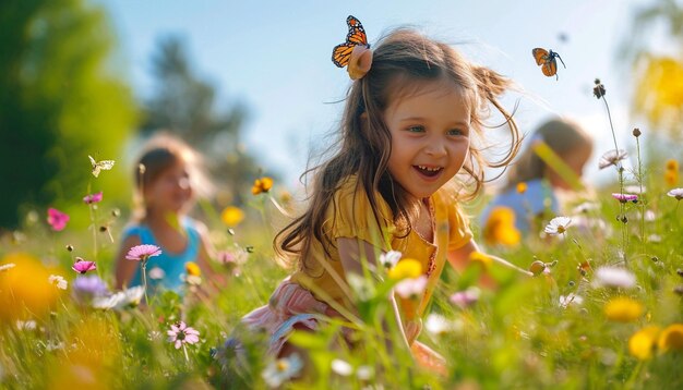 Photo children playing in spring fields