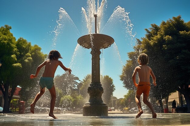 Photo children playing in sprinklers or water fountains