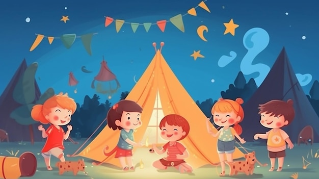 Children playing in a tent at night