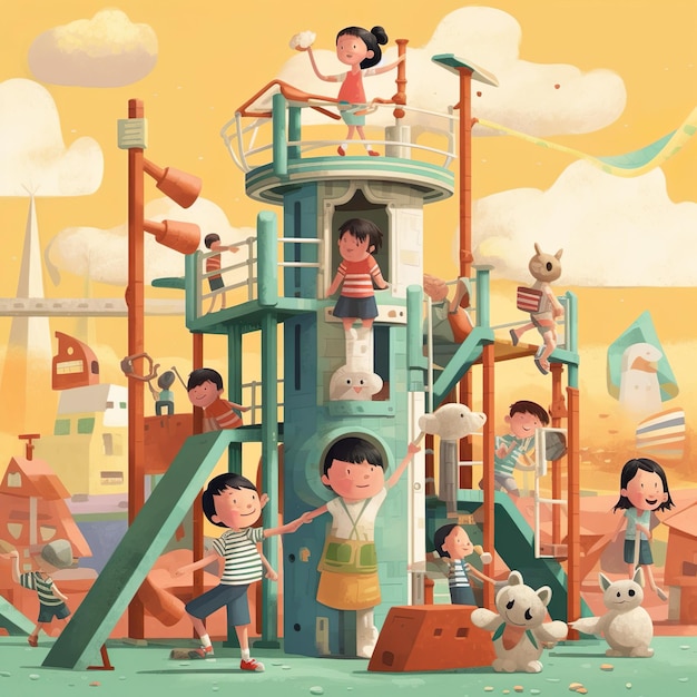 Children playing together in love Children Day Illustration having fun studying in school playground