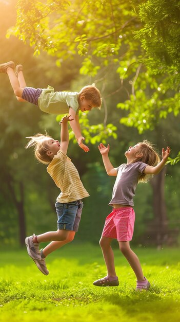 Photo children playing together in a park at sunny day