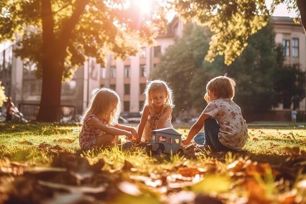 children playing together in a park at sunny day