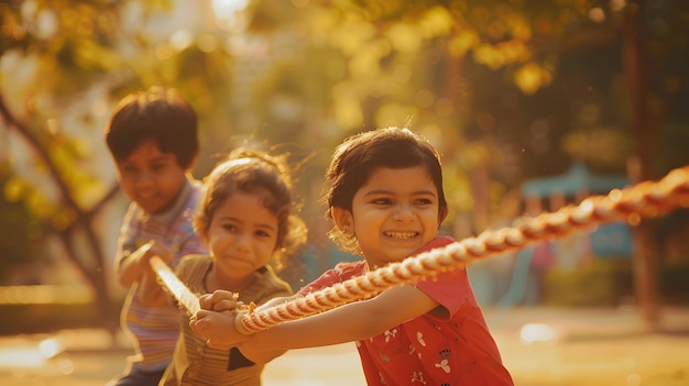 Photo children playing tug of war at the park generative ai