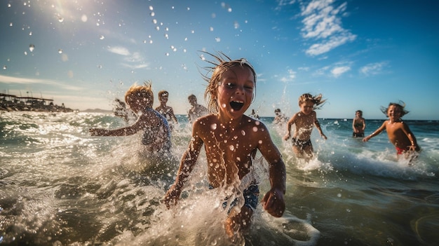 ビーチで水遊びをする子供たち