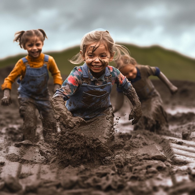 Photo children playing in the water mud generative ai