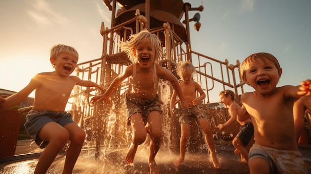 children playing in a water park with a slide that says " happy kids "