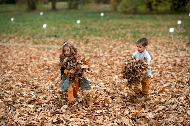 Children playing with autumn leaves