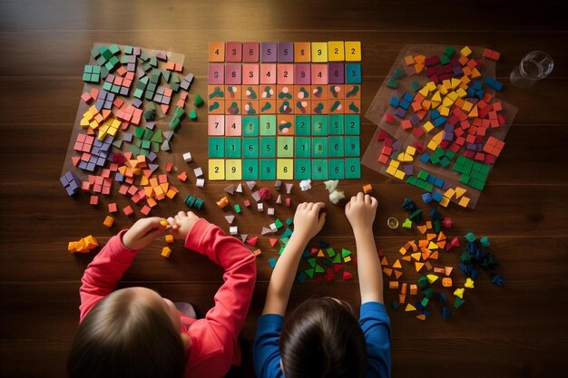 Children playing with a board with a number of colorful blocks on the table.