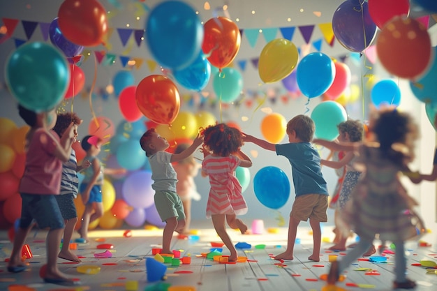 写真 誕生時に色とりどりの風船で遊ぶ子供たち