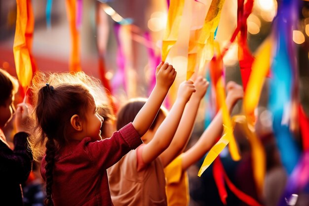 Photo children playing with colorful streamers and dancing in a parade children's day