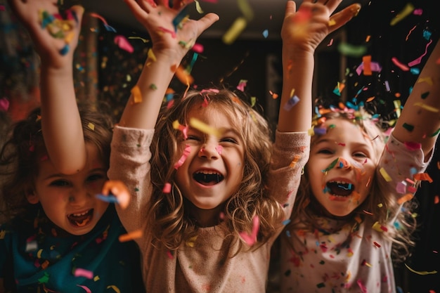 Children playing with confetti in the air