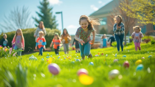 Children playing with easter eggs in the grassy meadow aige