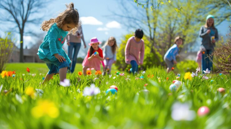 Photo children playing with easter eggs in the grassy meadow aige