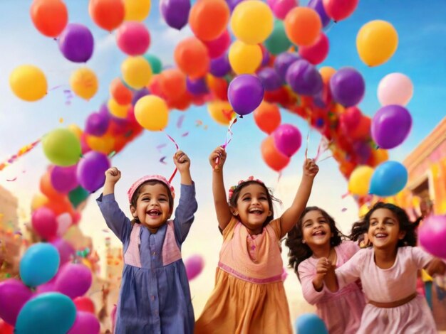 Photo children playing with eid balloons