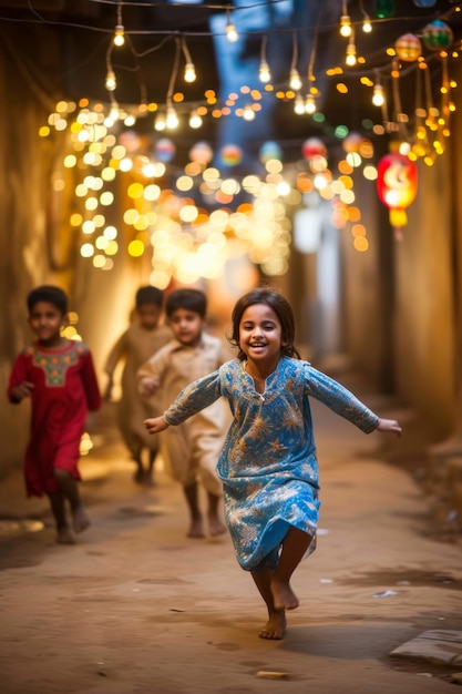 Foto i bambini giocano con le luci e le decorazioni dell'eid