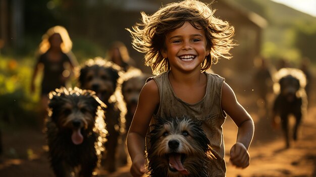 Children Playing With Farm Puppies In A Brazilian