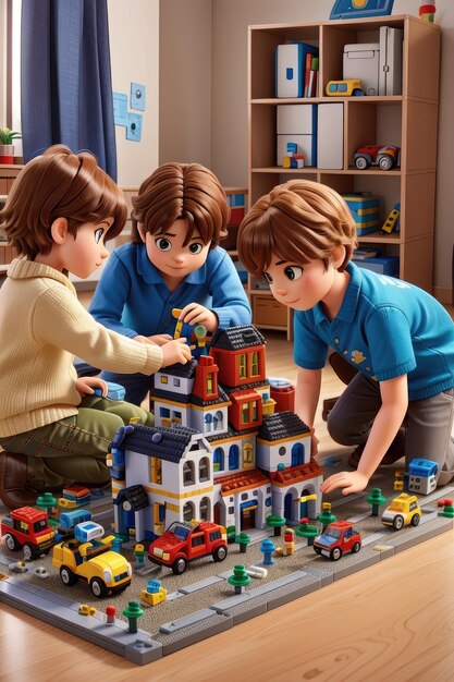 Photo children playing with lego and building a city