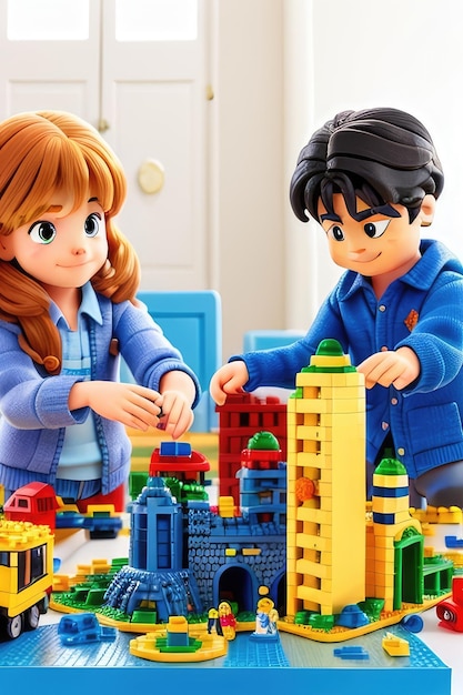 Children playing with lego and building a city