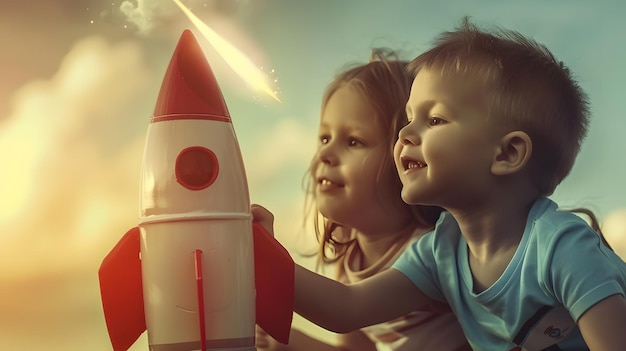 Photo children playing with toy rocket and dreaming of becoming a spacemen portrait of fun generative ai