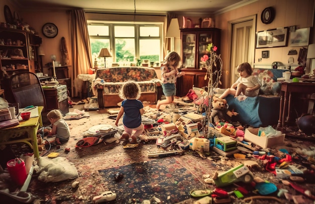 Photo children playing with toys in messy living room