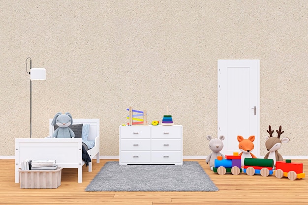 Детская игровая комната с мягкими игрушечными животными 3D визуализация иллюстрации
