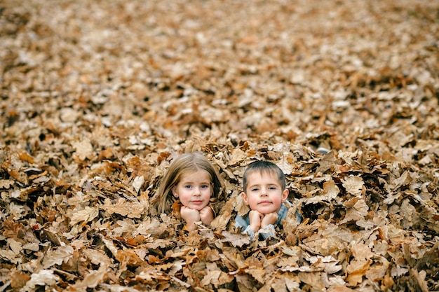 Children posing in autumn leaves