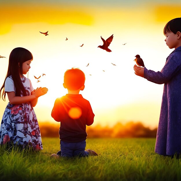 children praying and free bird enjoying nature on sunset background hope concept