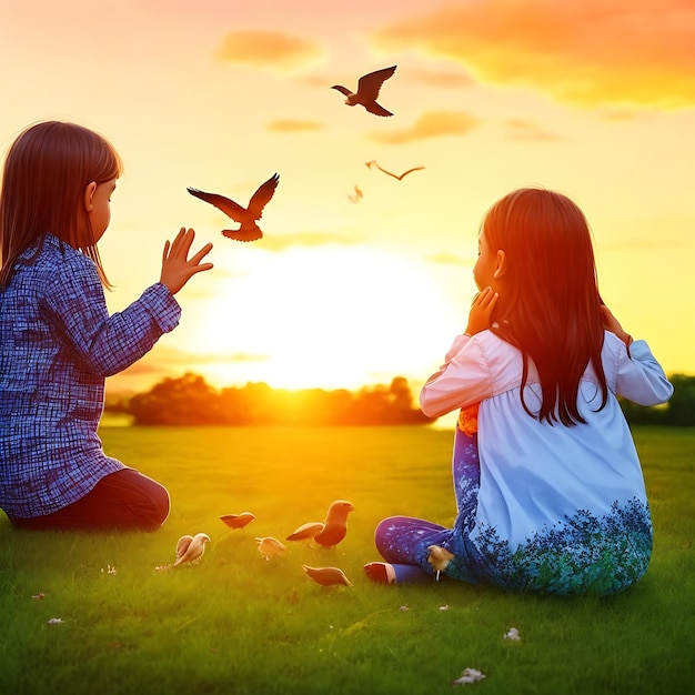 children praying and free bird enjoying nature on sunset background hope concept