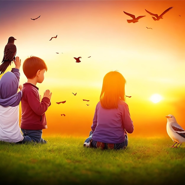 children praying and free bird enjoying nature on sunset background hope concept